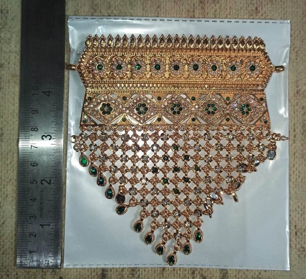 Sparkling Gold Plated Rajputi Jadau Aad/Necklace (5inch X 4inch) with Multiple Rhinestones & Beads