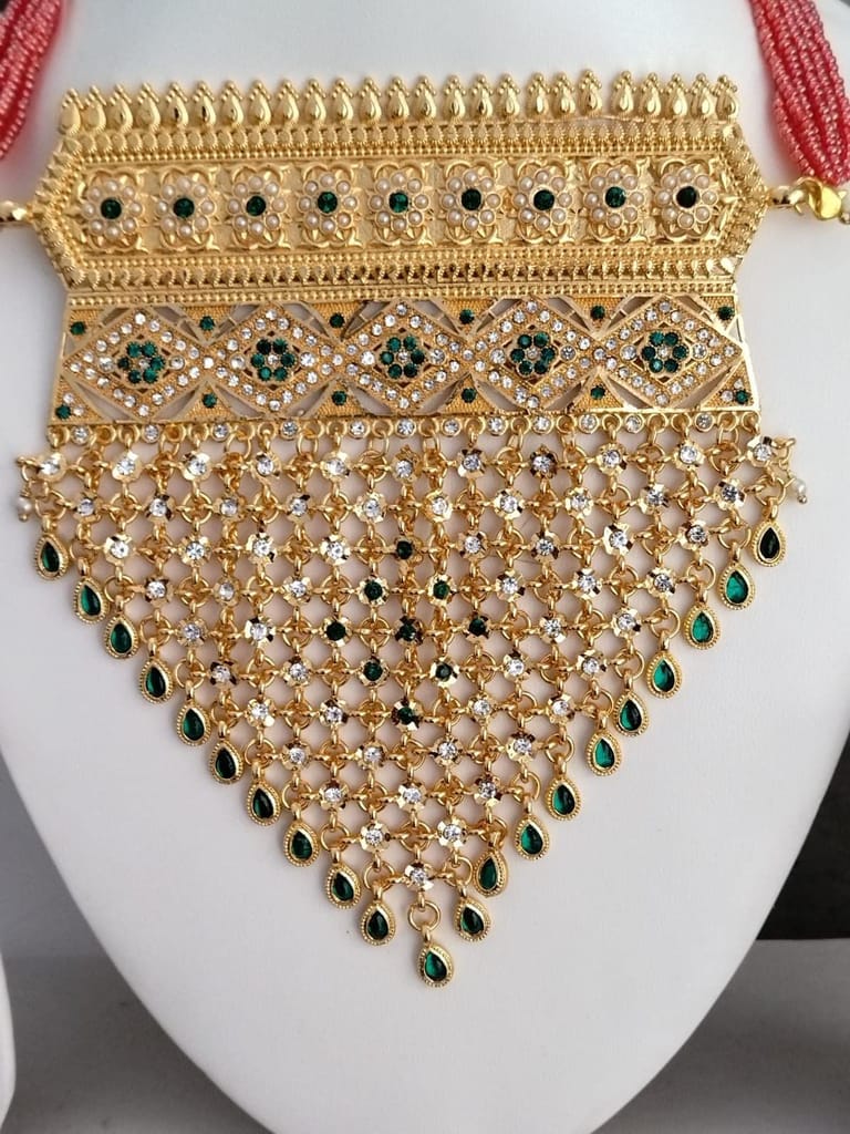 Sparkling Gold Plated Rajputi Jadau Aad/Necklace (5inch X 4inch) with Multiple Rhinestones & Beads