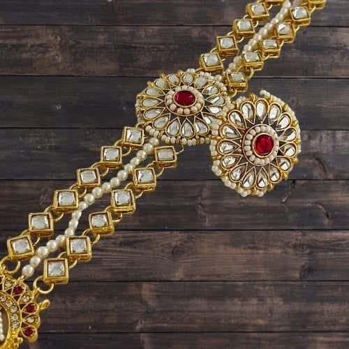 Yellow Kart Mangtika For Women -Traditional Bridal Jewelry Large Round Pendant Sheeshphool Rajasthani Maang Tikka With Borla, Minakari Kundan And Pearls Mathapatti For Women And Girls (Pink)