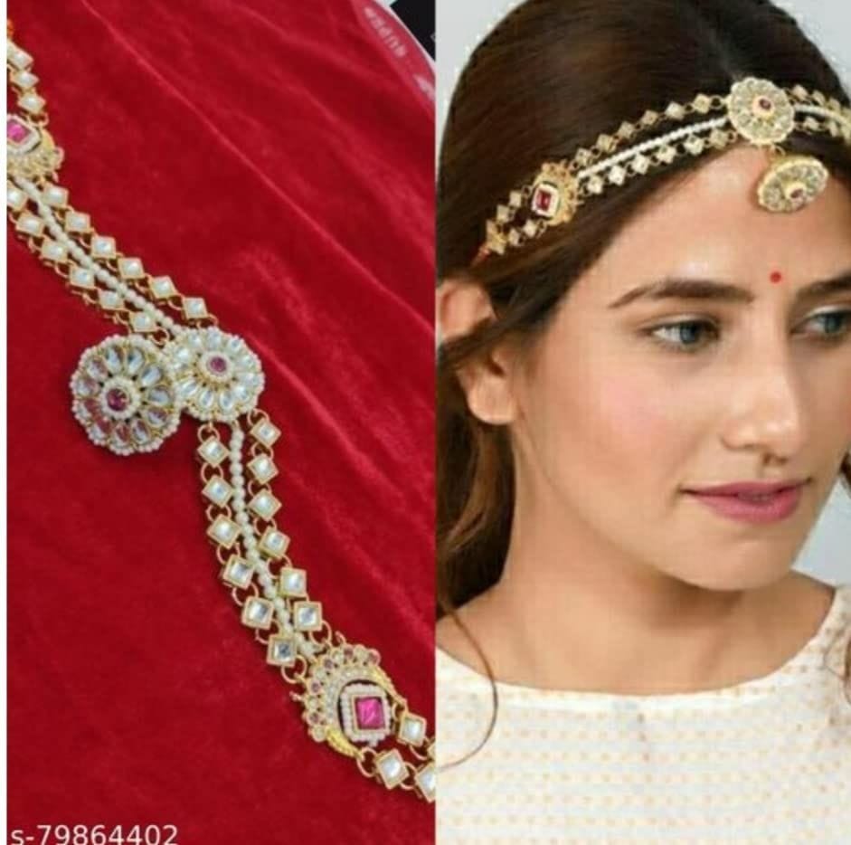 Yellow Kart Mangtika For Women -Traditional Bridal Jewelry Large Round Pendant Sheeshphool Rajasthani Maang Tikka With Borla, Minakari Kundan And Pearls Mathapatti For Women And Girls (Pink)