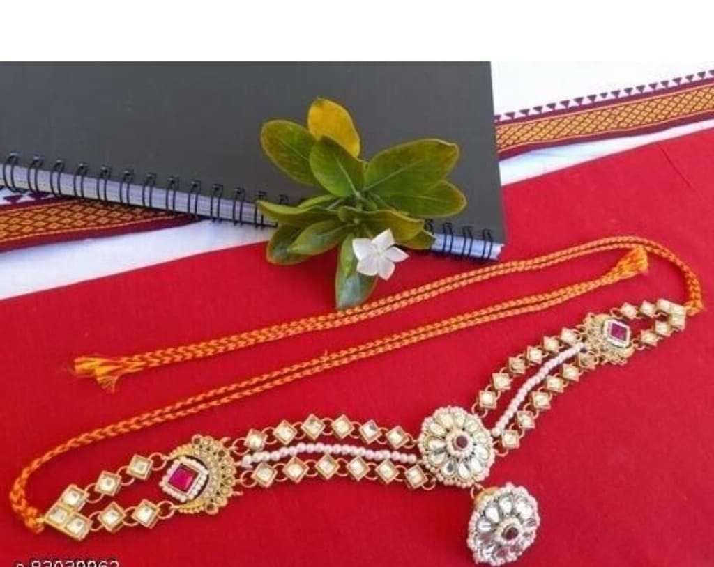 Yellow Kart Mangtika For Women -Traditional Bridal Jewelry Large Round Pendant Sheeshphool Rajasthani Maang Tikka With Borla, Minakari Kundan And Pearls Mathapatti For Women And Girls (Pink)