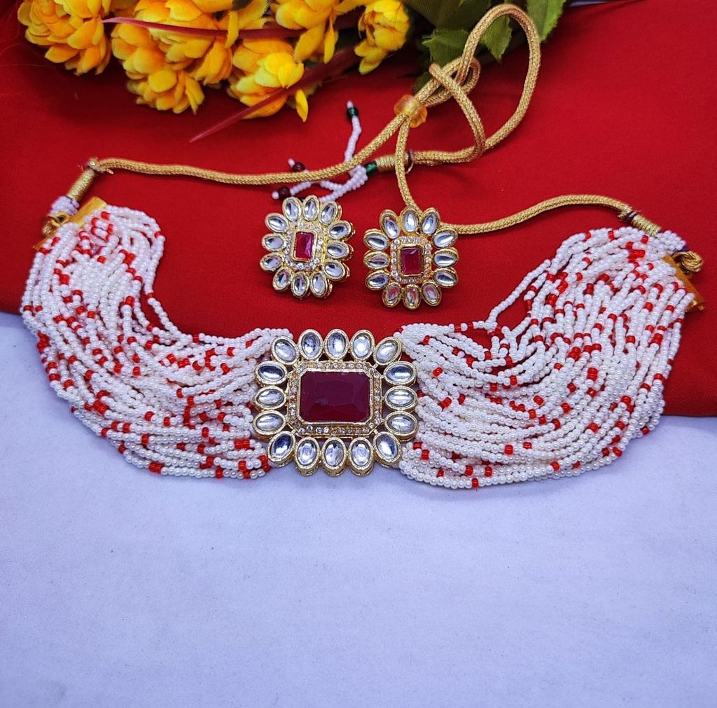 Yash Jewelry Premium Quality Gold PlatedTrending Party Wear Women Maroon Choker Necklace Jewelry Set