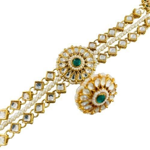 YELLOW KART Mangtika For Women -Traditional Bridal Large Round Pendant Sheeshphool Rajasthani Maang Tikka With Borla, Minakari Kundan And Pearls Mathapatti For Women And Girls, traditional Jewellery (Green)