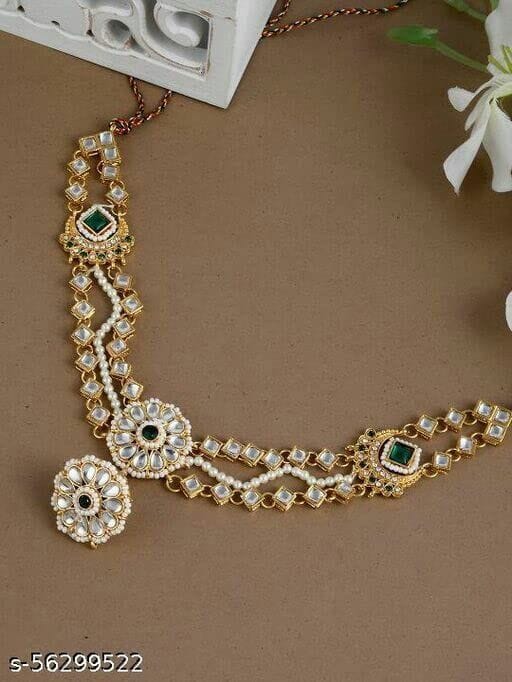 YELLOW KART Mangtika For Women -Traditional Bridal Large Round Pendant Sheeshphool Rajasthani Maang Tikka With Borla, Minakari Kundan And Pearls Mathapatti For Women And Girls, traditional Jewellery (Green)