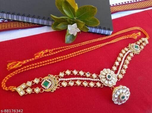 YELLOW KART Mangtika For Women -Traditional Bridal Large Round Pendant Sheeshphool Rajasthani Maang Tikka With Borla, Minakari Kundan And Pearls Mathapatti For Women And Girls, traditional Jewellery (Green)