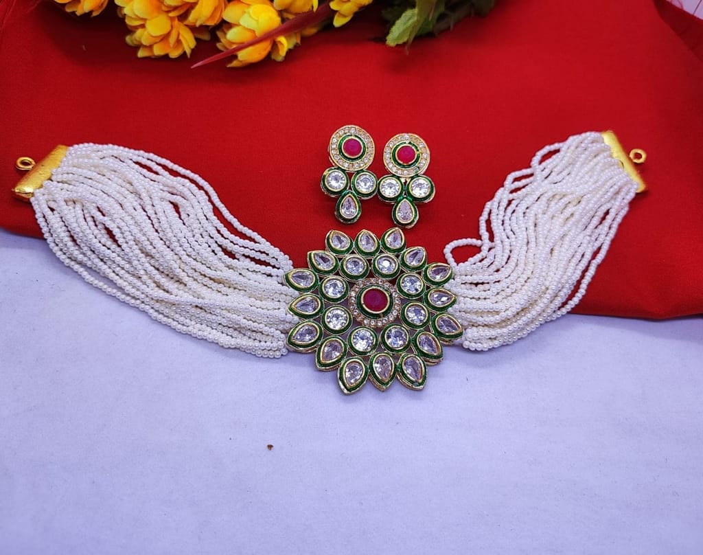 Yash Jewellery White Beads Heavy High Quality Choker Necklace Set Girls Women Party Wear Trending Hot Jewelry Set