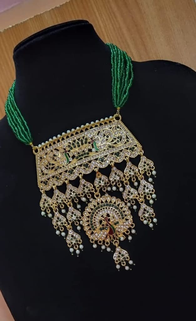Sparkling Rajputi Jadau Necklace/Aad in Antiqe (Peacock) Design with Multiple Rhinestones