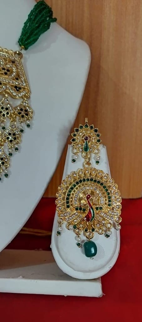 Sparkling Rajputi Jadau Necklace/Aad in Antiqe (Peacock) Design with Multiple Rhinestones