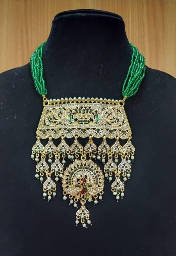 Sparkling Rajputi Jadau Necklace/Aad in Antiqe (Peacock) Design with Multiple Rhinestones