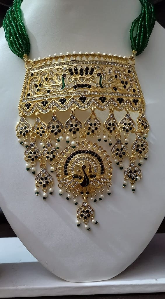 Sparkling Rajputi Jadau Necklace/Aad in Antiqe (Peacock) Design with Multiple Rhinestones