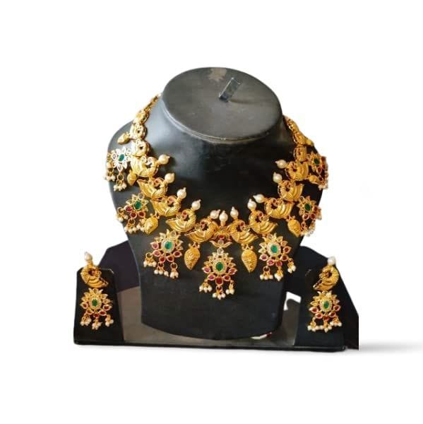 Yash Jewellery Premium Quality Brass Gold Plated Heavy Bridal Necklace Set For Women Girls