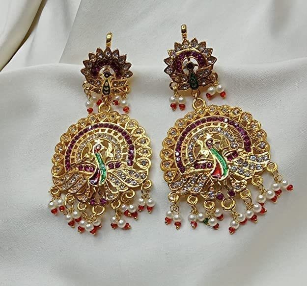 Yash Jewellery Gold Plated Rajasthani Dangling AD/CZ Necklace Set for Women with Peacock Earrings raajwadi royal traditional multicoloured aad set ideal for women