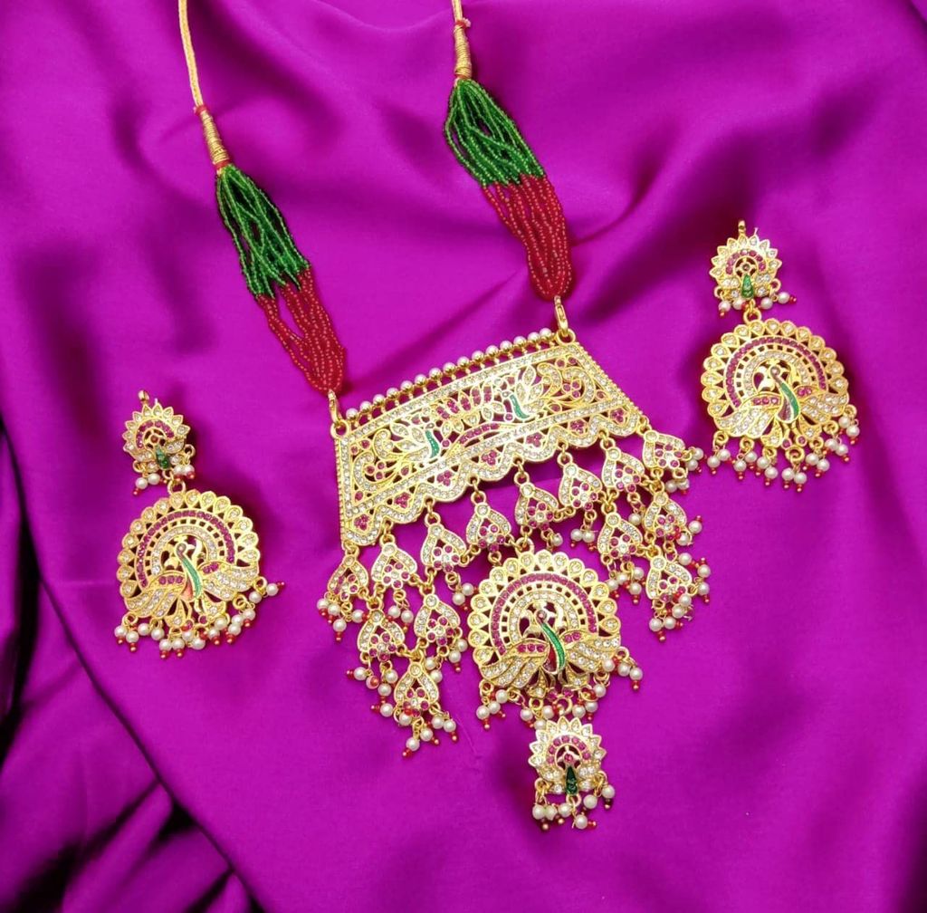 RURU Gold Plated Rajasthani Dangling AD/CZ Necklace Set for Women with Peacock Earrings raajwadi royal traditional multicoloured aad set ideal for women