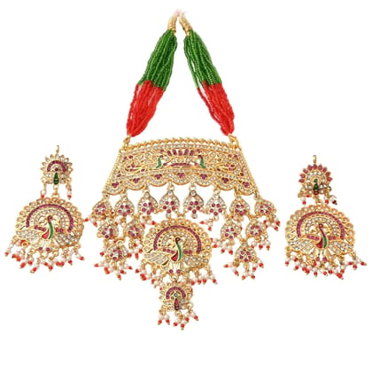 RURU Gold Plated Rajasthani Dangling AD/CZ Necklace Set for Women with Peacock Earrings raajwadi royal traditional multicoloured aad set ideal for women