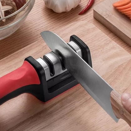Arshalifestyle  Manual Red Knife Sharpener 3 Stage Sharpening Tool for Ceramic Knife and Steel Knives.