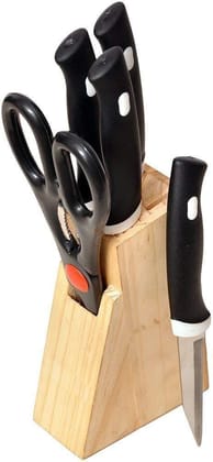 Arshalifestyle  Kitchen Knife Set with Wooden Block and Scissors (5 pcs, Black)