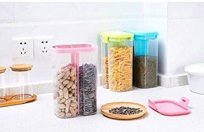 Arshalifestyle  Plastic 2 Sections Air Tight Transparent Food Grain Cereal Storage Container (2 ltr) (With Box)