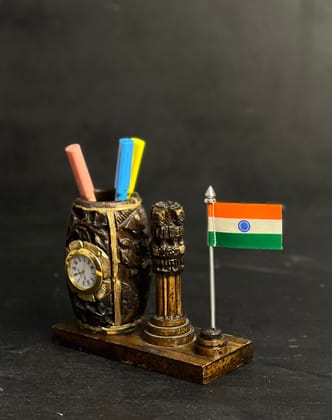 Pen Stand with Table Clock, Ashok Stambh & Flag for Child Desk, Office Use and Gift /decor