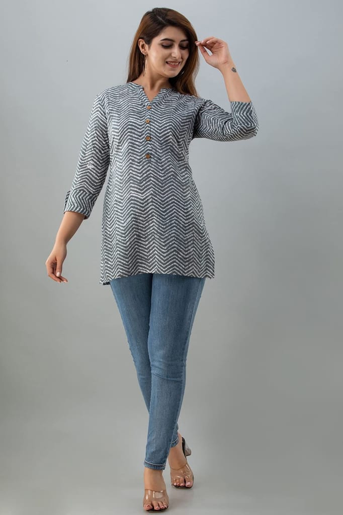 JAIPURETHNICWEAVESWomens Cotton Cambric Block Print Straight Tunic (Grey)