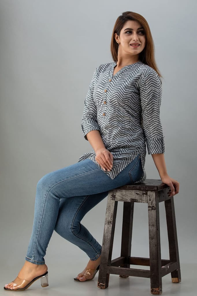 JAIPURETHNICWEAVESWomens Cotton Cambric Block Print Straight Tunic (Grey)