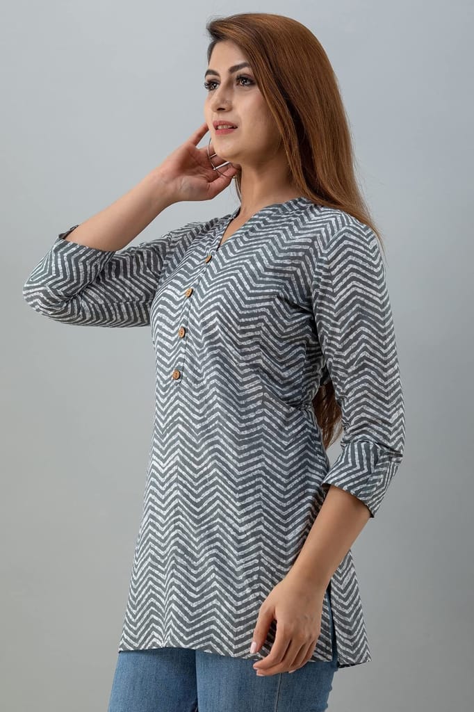 JAIPURETHNICWEAVESWomens Cotton Cambric Block Print Straight Tunic (Grey)