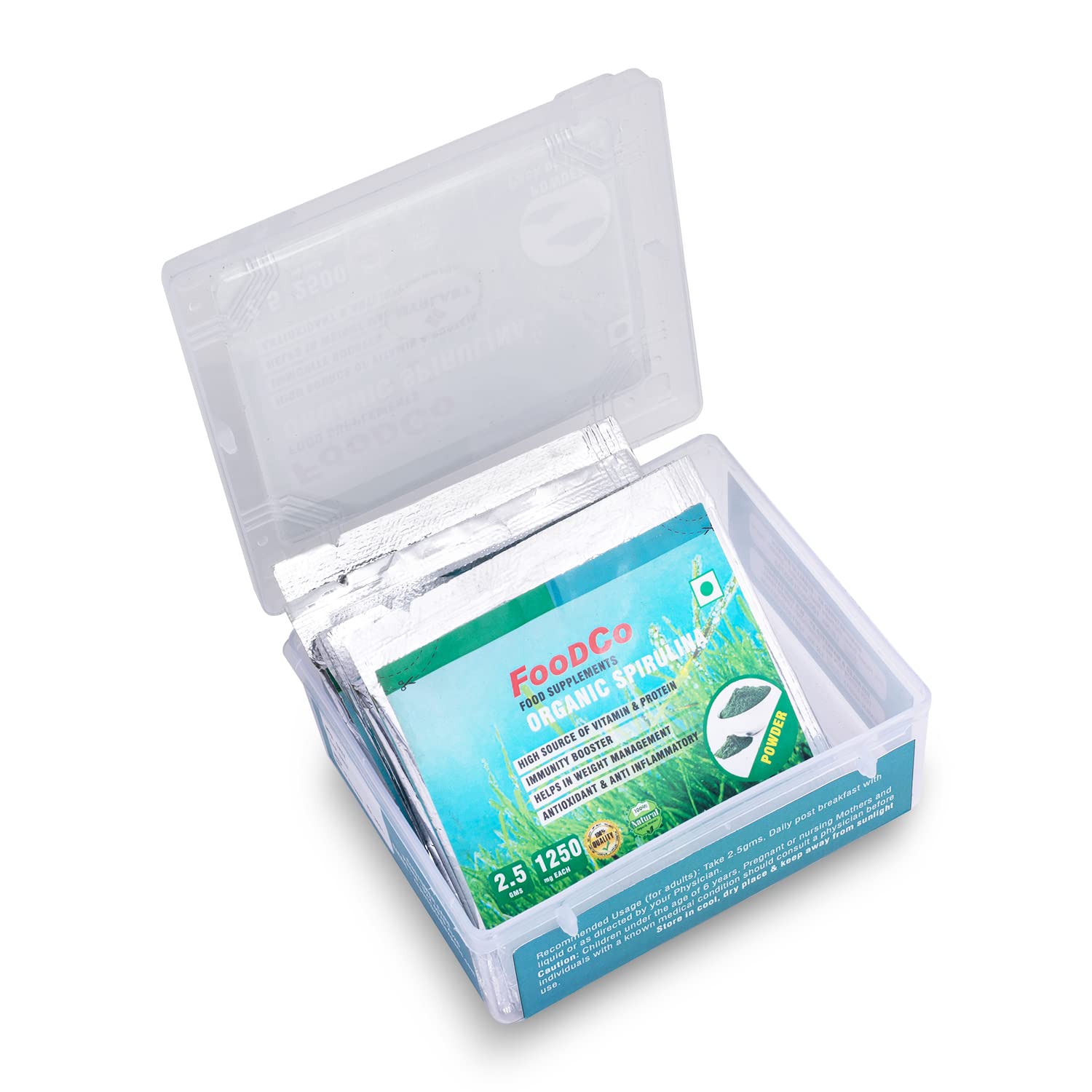 FOODCO Organic Spirulina Powder 15 Sachets (Each sachet contain 2.5gm) Per Box Rich In Antioxidants Immune Support High In Amino Acids Certified Natural Non-GMO Gluten-free Nutrient Dense Superfood Supplement Organic Spirulina