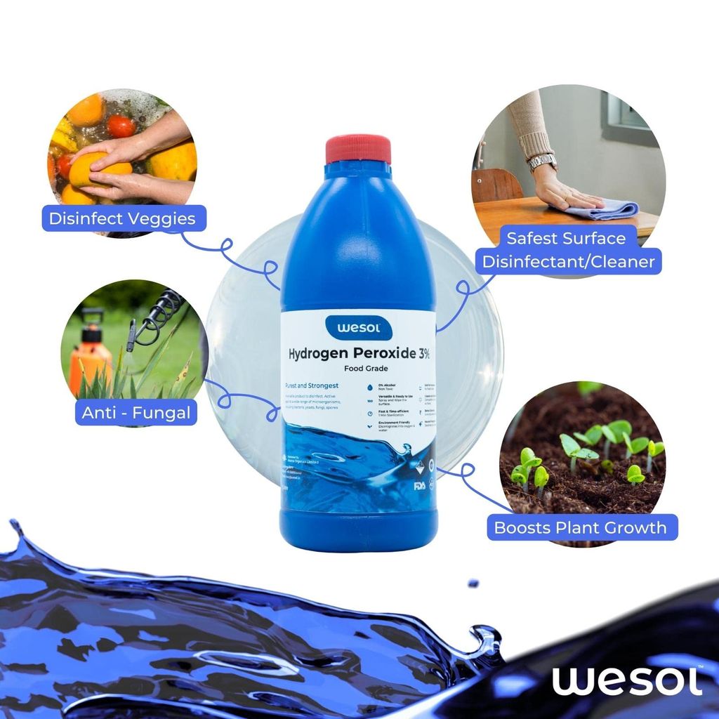 Wesol Hydrogen Peroxide 3% Food Grade Multi-Use Disinfectant |Kills 99.9% Germs & Viruses | 1 Litre (Pack of 2)-Best For Cleaning, General disinfection, deodorising, Hydroponics, Food production unit