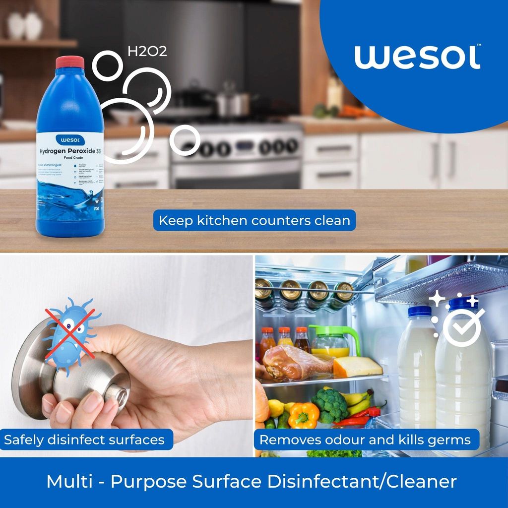 Wesol Hydrogen Peroxide 3% Food Grade Multi-Use Disinfectant |Kills 99.9% Germs & Viruses | 1 Litre (Pack of 2)-Best For Cleaning, General disinfection, deodorising, Hydroponics, Food production unit