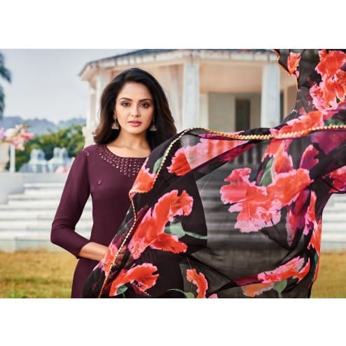 Embroidered Designer Chanderi Cotton Salwar Suit - Wine ( Unstitched )