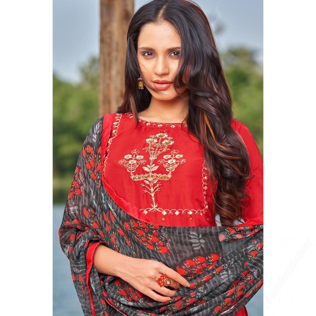 Red Cotton Straight Cut Churidar Suit ( Unstitched )