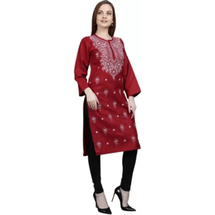 Maroon Wedding Wear Embroidered Cotton Kurti