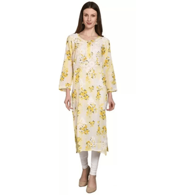 Rohia By Chhangamal Women's Yellow Cotton Hand Embroidered Lucknow Ethnic  Chikan Straight Kurta Kurti : Amazon.in: Fashion