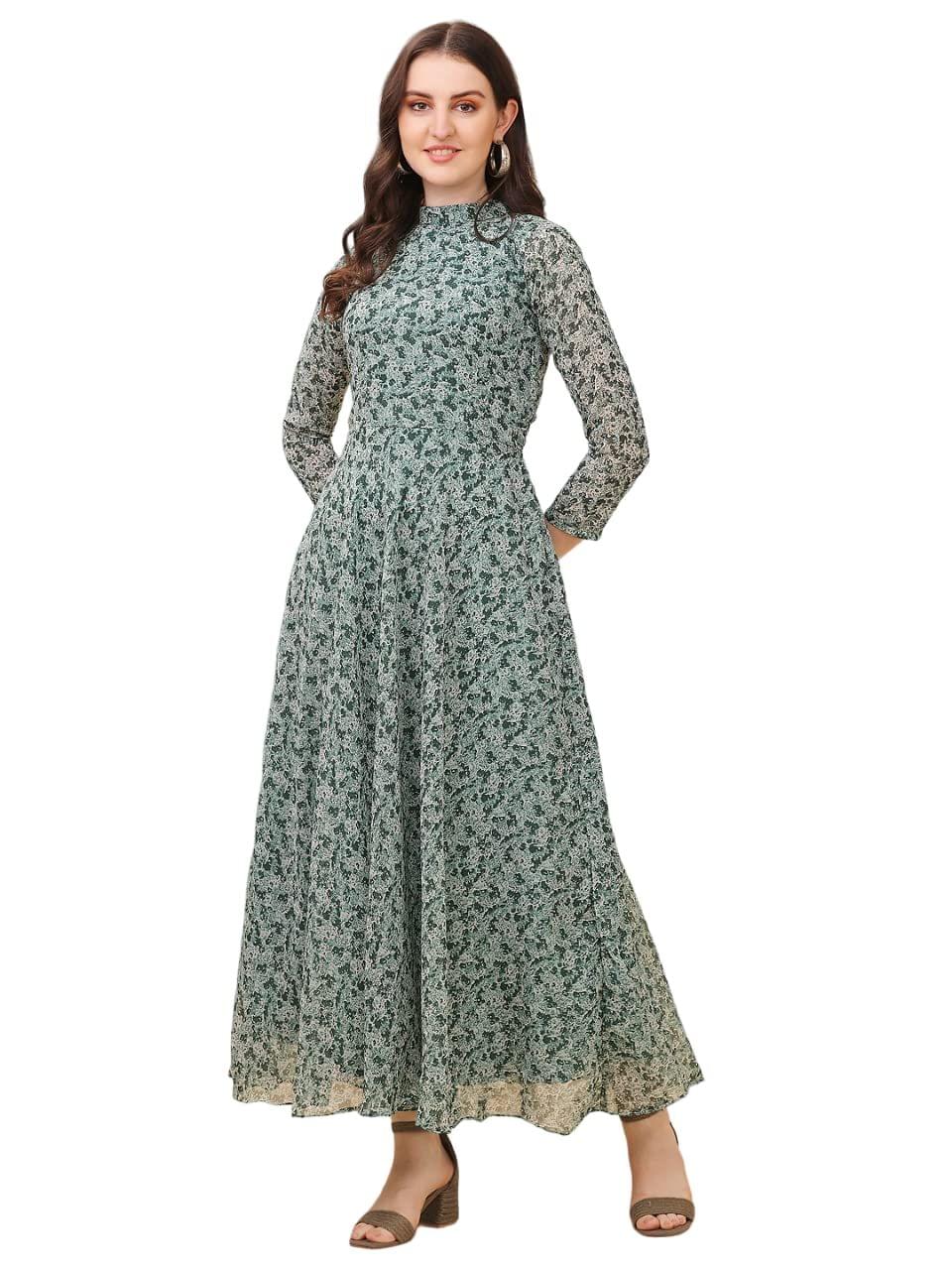 FASHION QUEEN Western Dresses for Women Green Floral Print Maxi
