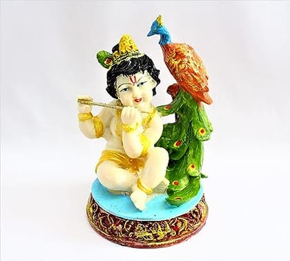 Lord Shri Krishna Sitting with Peacock /Kanha Handicraft Marble-Resin Idol for Home and Office Décor/ Gopal Ji Traditional or Religious Statue Decorative Spiritual Vastu Showpiece Figurine