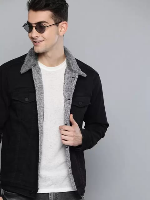 Men's Black Sherpa Denim Jacket With Stone Grey Fur - IMPAURITO