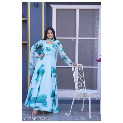 Women Floral Print Pure Cotton Gown Kurta With Attached Dupatta Aqua Blue