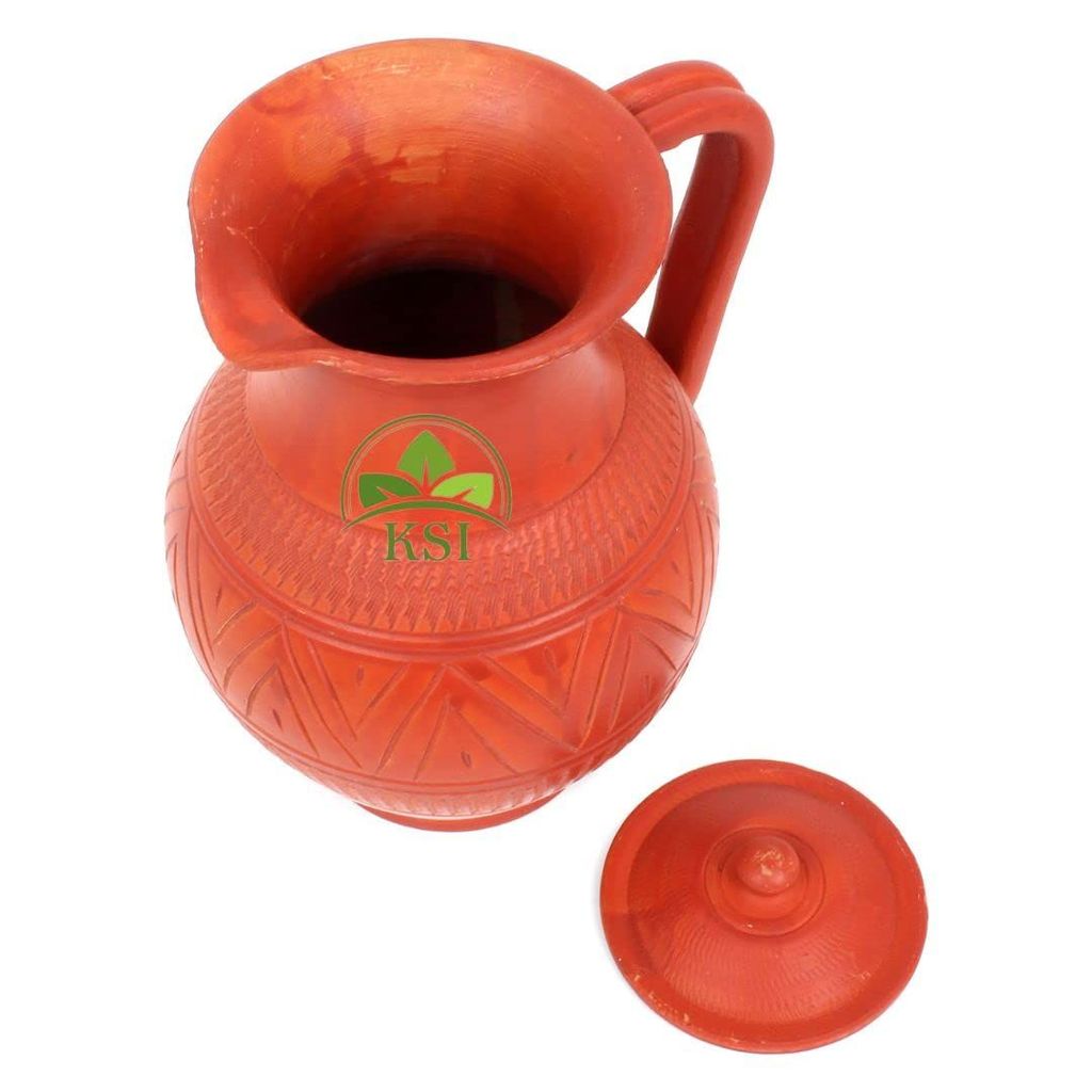 KSI Clay Jug, Terracotta Water Jug, Mud Pot | Pitcher 1.7 Ltr. | Mitti ka jug for Drinking Water with Lid | Natural/Earthen Clay | Handmade Matka/surahi/mitti Ghada with Beautiful Design - 1.7 liters