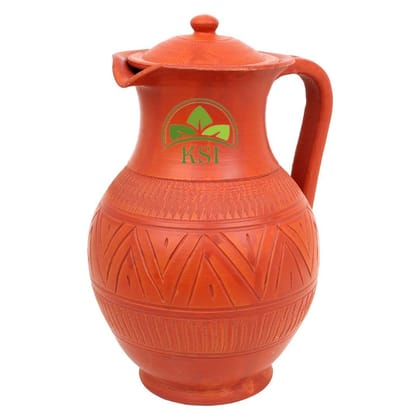 KSI Clay Jug, Terracotta Water Jug, Mud Pot | Pitcher 1.7 Ltr. | Mitti ka jug for Drinking Water with Lid | Natural/Earthen Clay | Handmade Matka/surahi/mitti Ghada with Beautiful Design - 1.7 liters