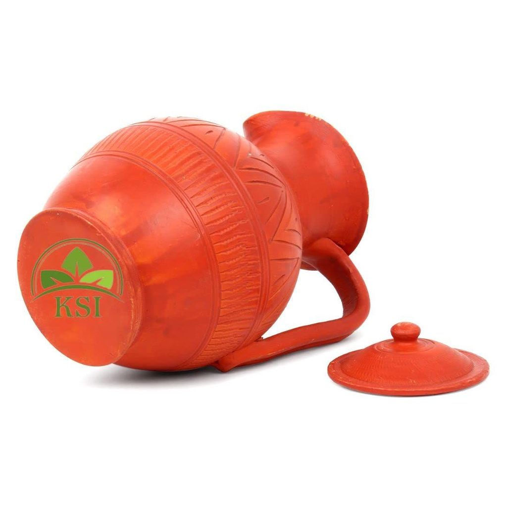 KSI Clay Jug, Terracotta Water Jug, Mud Pot | Pitcher 1.7 Ltr. | Mitti ka jug for Drinking Water with Lid | Natural/Earthen Clay | Handmade Matka/surahi/mitti Ghada with Beautiful Design - 1.7 liters