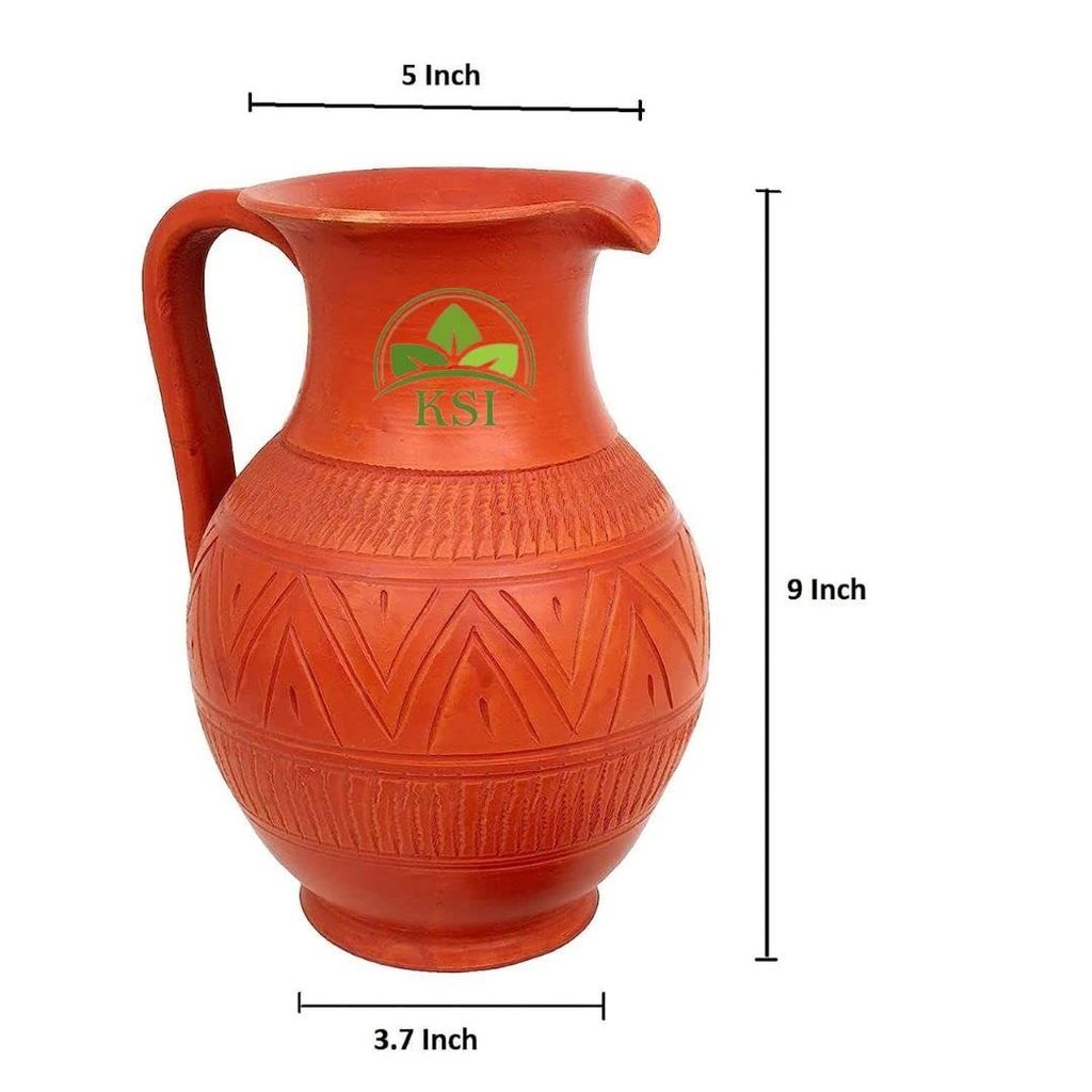 KSI Clay Jug, Terracotta Water Jug, Mud Pot | Pitcher 1.7 Ltr. | Mitti ka jug for Drinking Water with Lid | Natural/Earthen Clay | Handmade Matka/surahi/mitti Ghada with Beautiful Design - 1.7 liters