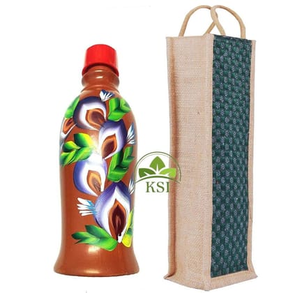 KSI Organic Traditional Clay Mud Earthen Pot for Drinking Water Bottle with Jute Bag, (Set of 1, Brown) 1.4 Litres