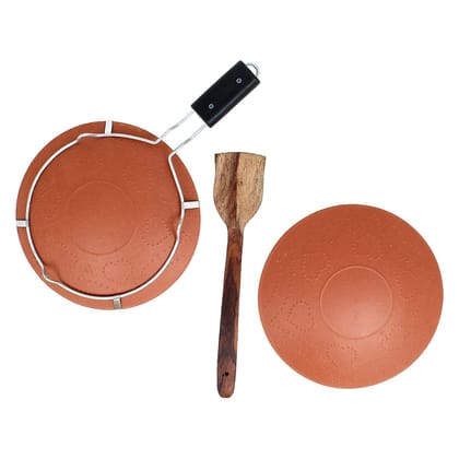 KSI Earthenware Clay Tawa Mitti Ka Tawa Combo Clay Tawa with Stand and Wooden Spatula Cookware for Kitchen