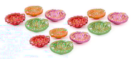 KSI Eco Friendly Multicolor Mix Diyas Candels for Diwali Puja & Festivals Home Office Decoration, Handmade Terracotta Mitti Clay Designer Colorful Diya (Colour May Vary)