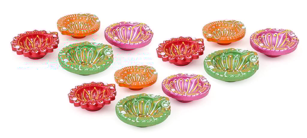 Mitti ke Decorative Diye - 12 Pcs (Can Filled up by Any Oil)