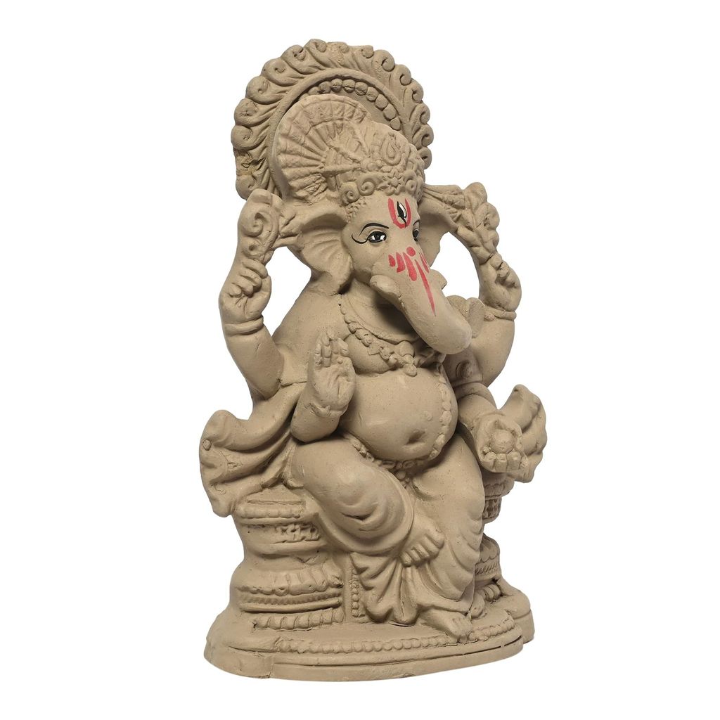 KSI Eco Friendly Handcrafted God Ganesh Clay Idol Mud Murti Kacchi Mitti Lord Ganesha Water Soluble Ganesh Idol for Ganpati Visarjan and for Home Temple (Size- 7.5 Inches)