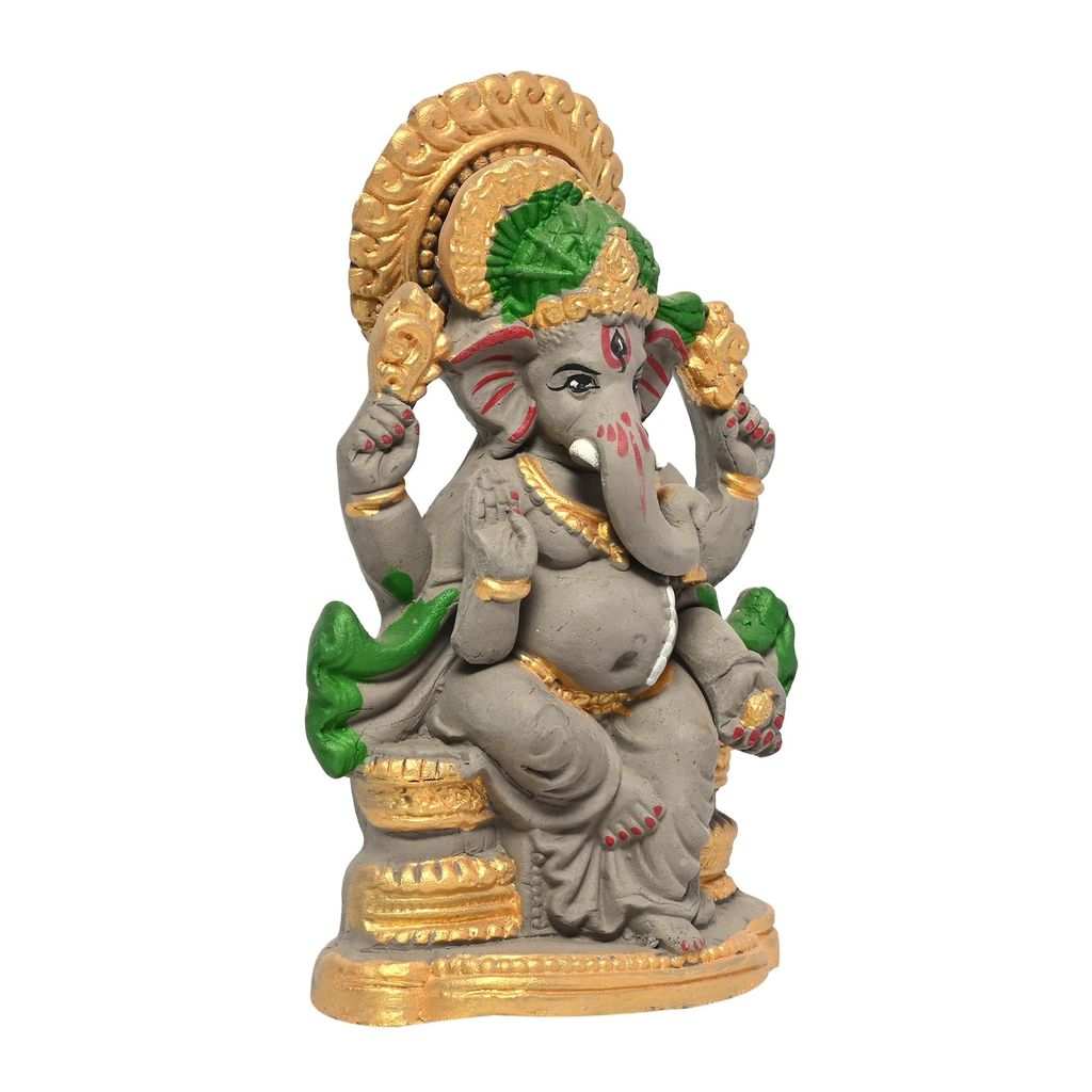 KSI Eco Friendly Handcrafted God Ganesh Clay Idol Mud Murti Kacchi Mitti Lord Ganesha Water Soluble Ganesh Idol for Ganpati Visarjan and for Home Temple (Size- 7.5 Inches)