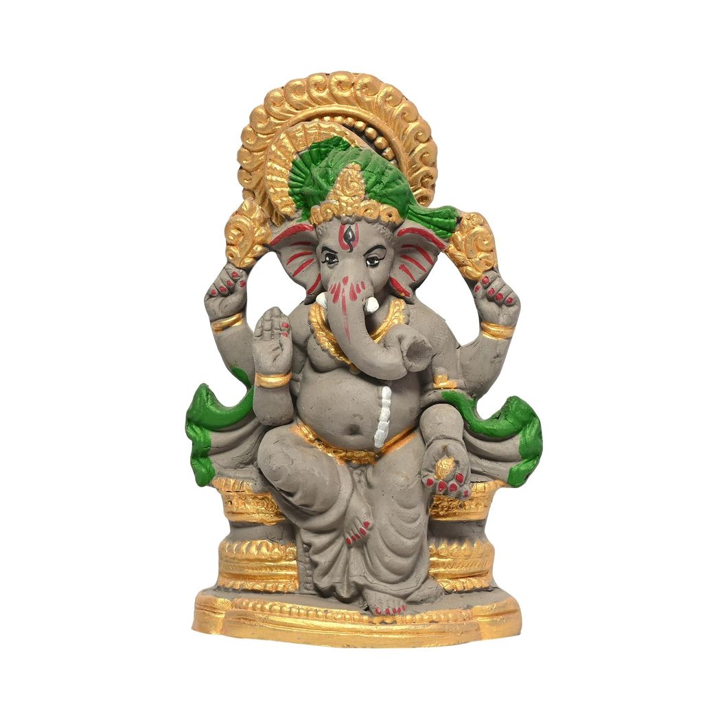 KSI Eco Friendly Handcrafted God Ganesh Clay Idol Mud Murti Kacchi Mitti Lord Ganesha Water Soluble Ganesh Idol for Ganpati Visarjan and for Home Temple (Size- 7.5 Inches)