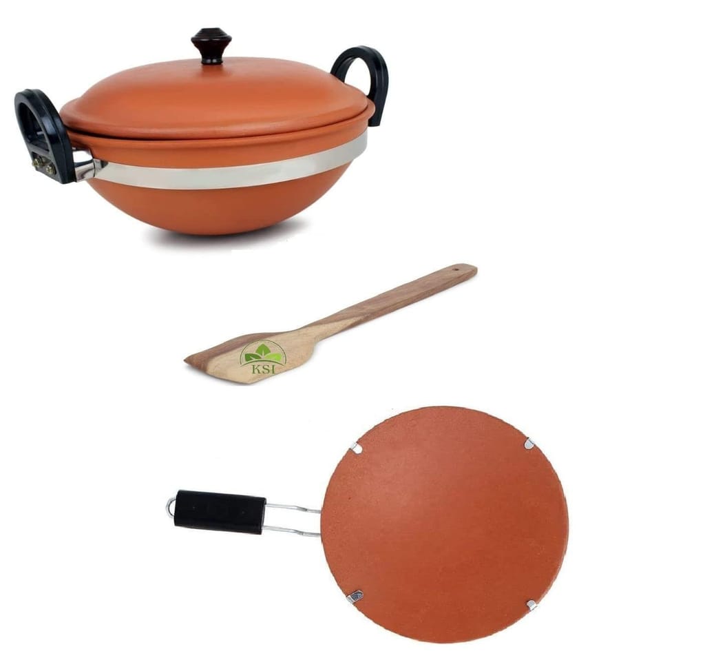 KSI Handmade Mitti Terracotta Clay Kadai and Tawa Combo Set - with Handle for Cooking on Gas