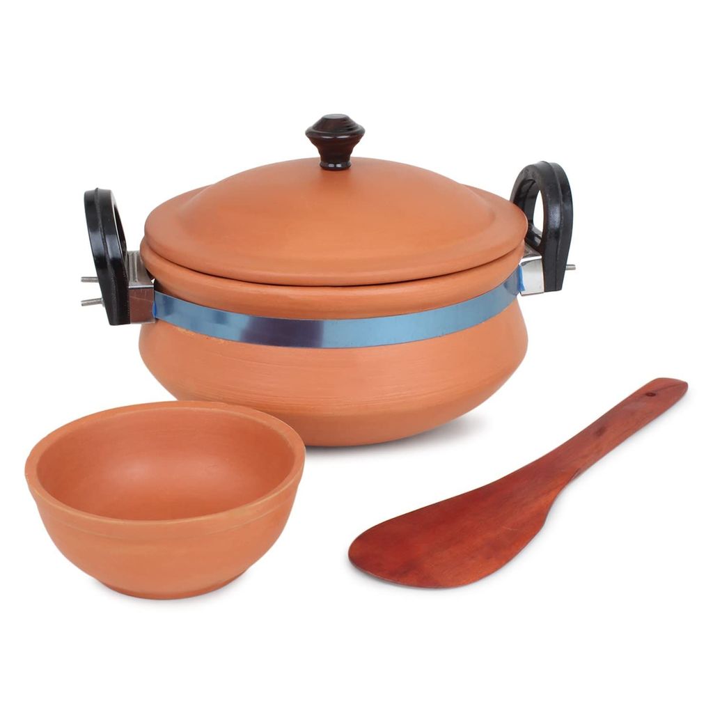 KSI Handmade Mitti Terracotta Clay Handi with Lid for Cooking on Gas (2 L & 3L)