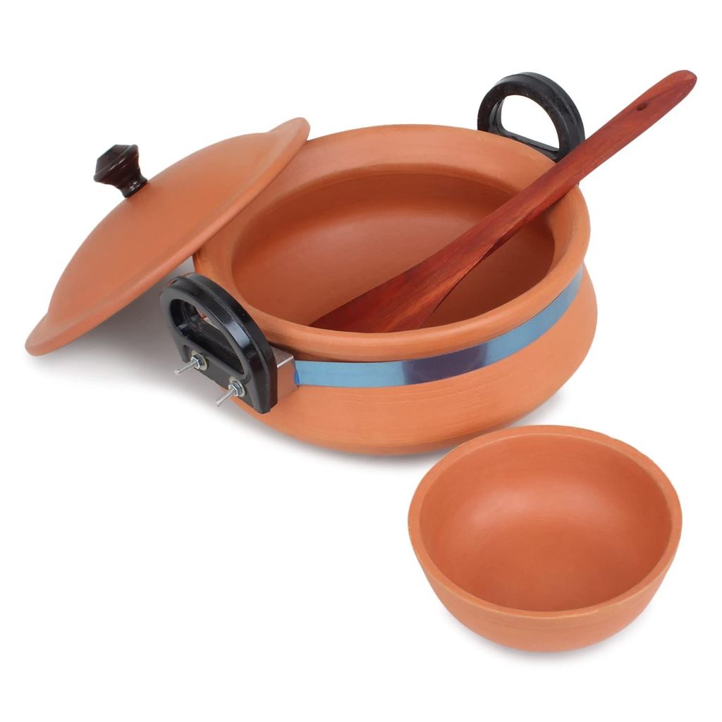 KSI Handmade Mitti Terracotta Clay Handi with Lid for Cooking on Gas (2 L & 3L)